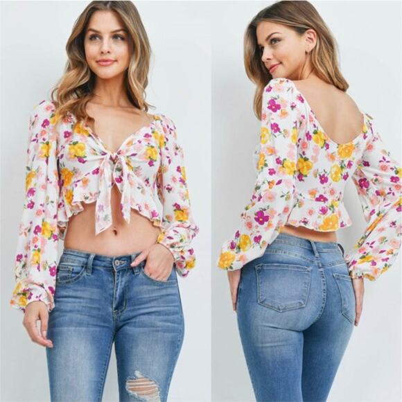 Blue Blush Floral Long Sleeve Tie Front Crop Top Size M - Picture 1 of 8